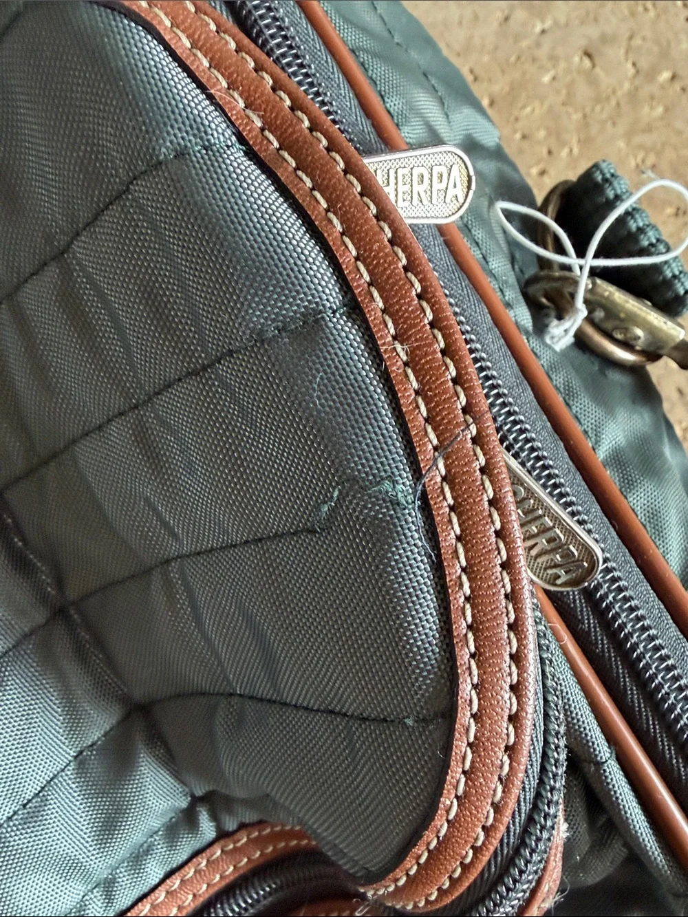 Sherpa Pet Quilted Green Duffel Bag with Brown Trim Adjustable Shoulder Strap
